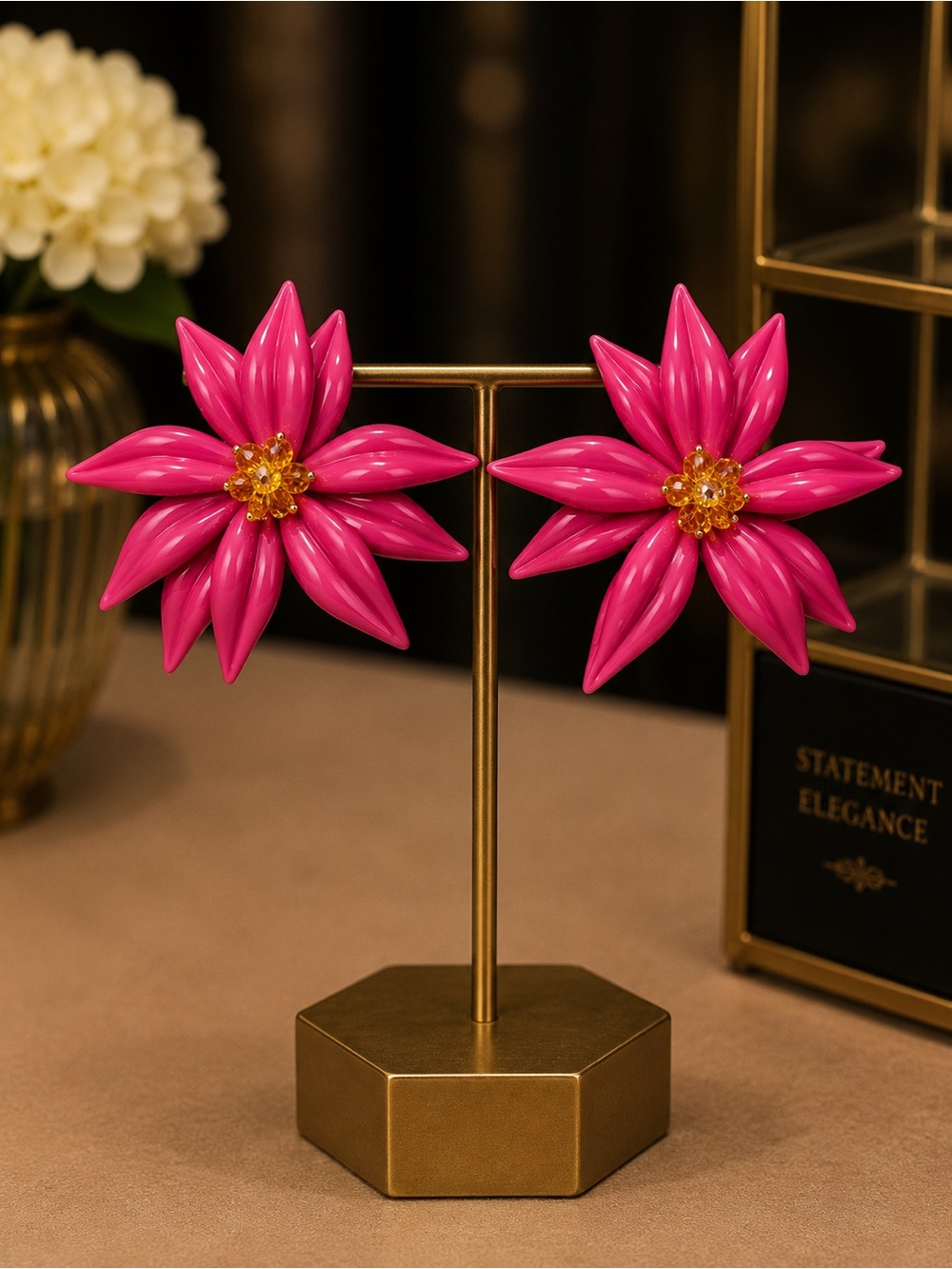 Bold Pink Flower Statement Earrings